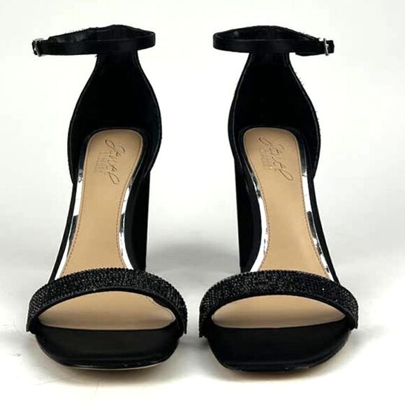 New Jewel Badgley Mischka Women Shoes Black Satin Block Heel Open Sandals US 8.5 - Picture 2 of 8